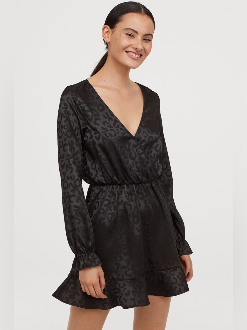 H&M Long Sleeve Mini Dress Sz 4 Black Leopard Print Elastic Waist Flowy NEW